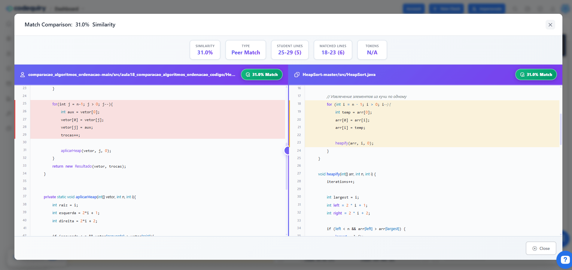 Highlighted plagiarised code matches side-by-side